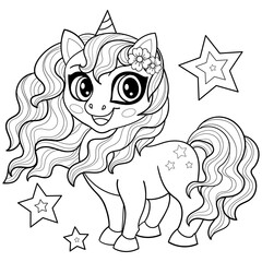 Cute, kawaii unicorn with stars. Magical animal.Black and white linear drawing. For the design of children's coloring books, prints, posters, cards, stickers and so on. Vector illustration