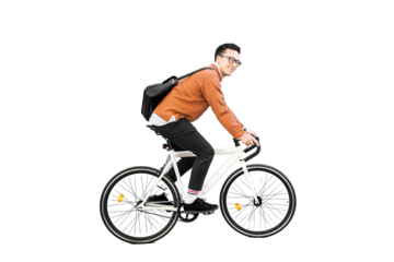 A young man riding a bicycle to work with a briefcase. Transparent background, png.