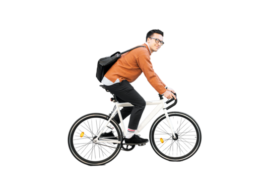 A young man riding a bicycle to work with a briefcase. Transparent background, png.