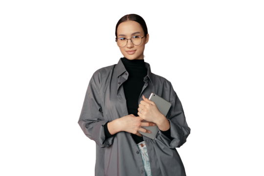 A secretary consultant with glasses is holding a tablet, a woman is close to a portrait, working in a stylish shirt. Transparent background, png.
