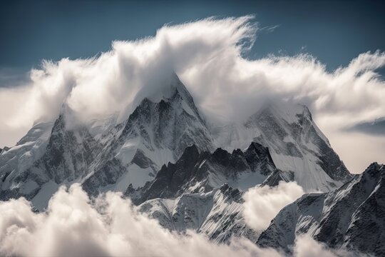 breathtaking view of snow-capped mountain range, with clouds swirling in the sky, created with generative ai