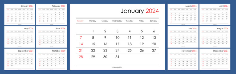 2024 calendar template. Yearly planner organizer for every day. Week starts on Sunday, English