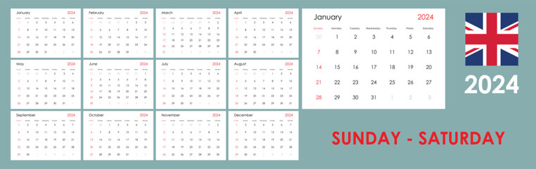 2024 calendar template. Yearly planner organizer for every day. Week starts on Sunday, English, copy space