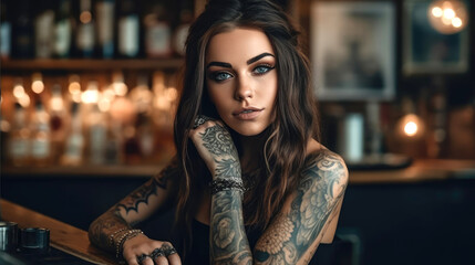 Beautiful tattooed woman is posing for the camera. Generative AI
