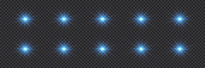 A set of flashes, lights and sparkles on a transparent background. Bright blue flashes and glare. Abstract blue isolated lights Bright rays of light. Glowing lines.