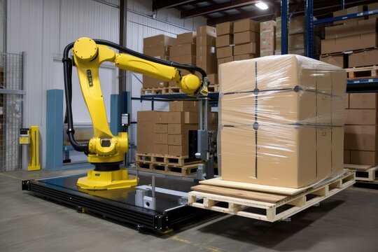 palletizing robot, lowering wrapped and secured pallet to ground level, created with generative ai