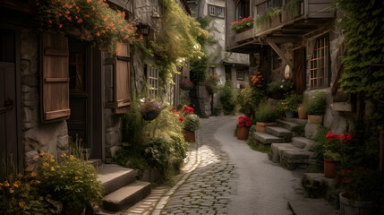 Fototapeta na wymiar A charming and quaint village street lined with colorful blooming flowers, rustic buildings, and cobbled stone pathways, evoking a sense of warmth and nostalgia