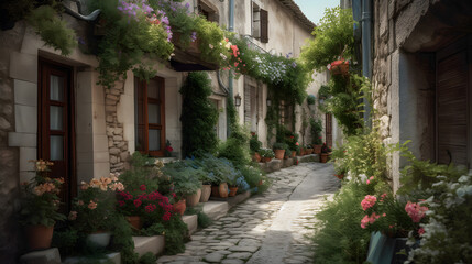Fototapeta na wymiar A charming and quaint village street lined with colorful blooming flowers, rustic buildings, and cobbled stone pathways, evoking a sense of warmth and nostalgia
