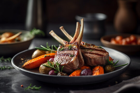 Delicious grilled lamb chops with roasted carrots on a chic marble background, food photography, food art, generative AI