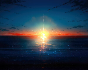 Beautiful sunset over the sea. Digital painting. Vector illustration