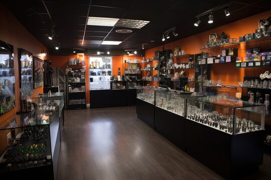 smoke shop, with a variety of vaporizers, pipes, and bongs on display, created with generative ai