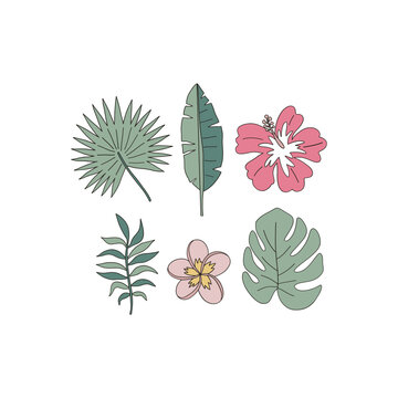 Tropical flowers and palm leaves vector clip-art set isolated on white. Cartoon outlined illustration collection. Groovy hippie summer design element.