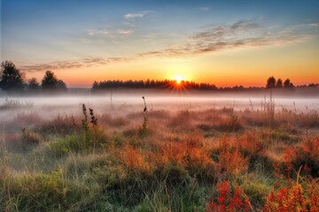 sunrise over misty meadow with colorful sunrise in the background, created with generative ai