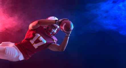 American football player in motion banner with neon colors. Template for bookmaker ads with copy space. Mockup for betting advertisement. Sports betting, football betting, gambling, bookmaker big win