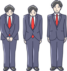 お辞儀をするスーツ姿の男性イラストセット　全身	
