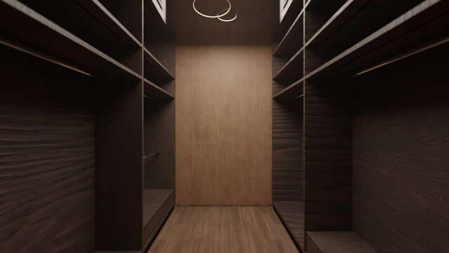 3D render dressing room, brown furniture, cabinets and open shelves, large illuminated mirror and soft pouf. idea of interior, design.
