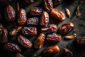 Top view of dry dates on dark background, top view. Ai generated