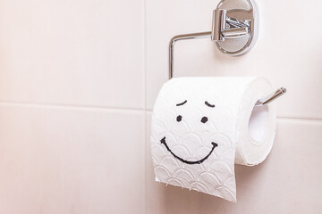 close-up, a roll of toilet paper with a painted sad face stands on the toilet