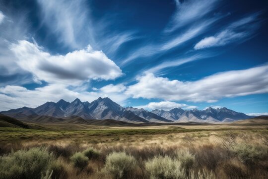 majestic mountain range with rolling clouds and blue skies, created with generative ai
