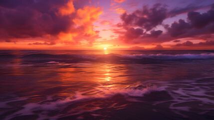 An enchanting sunset over the ocean with the sky ablaze in shades of orange, pink, and purple, reflecting in the calm waters below, creating a breathtaking and peaceful scene