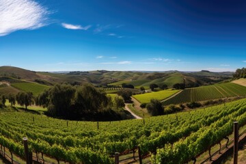 Fototapeta na wymiar vineyard surrounded by rolling hills and blue skies, created with generative ai
