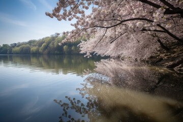 cherry blossom bloom on still lake, with reflection visible, created with generative ai
