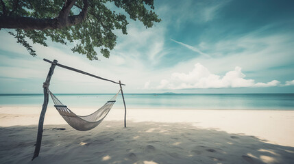 Tropical beach and sky background as exotic summer landscape with beach swing or hammock and white sand and calm sea beach. AI Generative