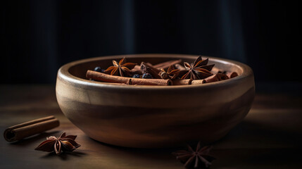 Wooden bowl with cinnamon sticks and anise on table. AI Generative