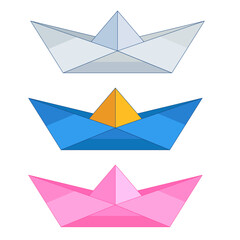 A set of a flotilla of origami colored paper boats, a symbol of sea travel, transport