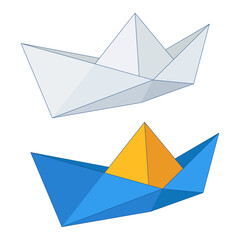 A set of a flotilla of origami colored paper boats, a symbol of sea travel, transport