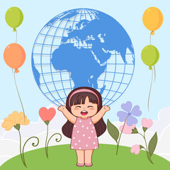 Cute kawaii cartoon girl in a dress with a globe in a field with flowers and balloons, world children's day