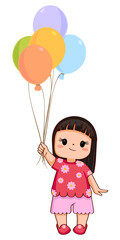 Cute kawaii cartoon girl in costume holding colorful balloons