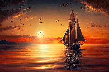 sailing boat sails into sunset, with warm and peaceful sky, created with generative ai