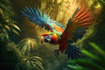 parrot in jungle, flying over dense greenery, created with generative ai