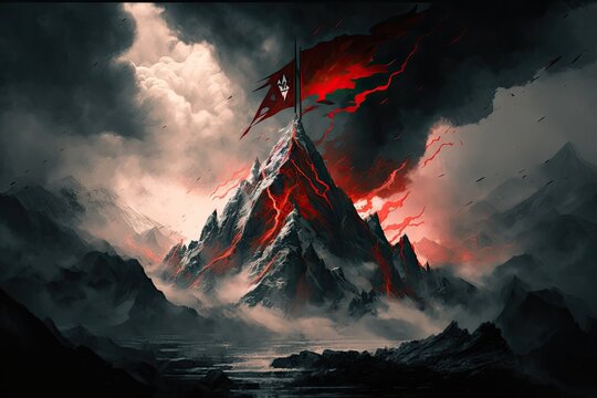 mountain peak with red flag, surrounded by dramatic clouds and lightning, created with generative ai