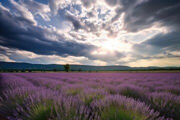 lavender field blooming in the sunlight, with dramatic sky in the background, created with generative ai
