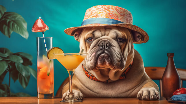 Cool dog in hat and cocktail on colorful background. great for parties concept of summer, vacation. fun and madness folly. made with ai