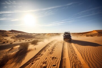 off-road vehicle speeding through desert landscape, with sun shining and clear blue sky visible, created with generative ai