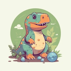 Illustration of a cute baby T-rex in a 2D cartoon style with a plain background. This dinosaur is translated with an interesting and child-friendly character.