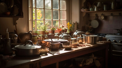 An old countryhouse kitchen, in sunlight, many pots and pans, food on the counter, AI Generative