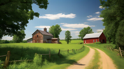 Obraz premium A peaceful and serene countryside farm with green pastures, grazing livestock, and traditional barns, radiating the simple pleasures and beauty of rural life.