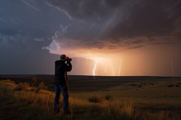 storm chaser filming lightning strike on stormy night, created with generative ai