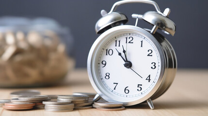 Next to a clock is a pile of coins, symbolizing the phrase 