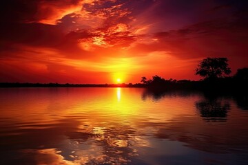 Fototapeta na wymiar exotic sunset, with the sun setting over a calm and peaceful lake, created with generative ai