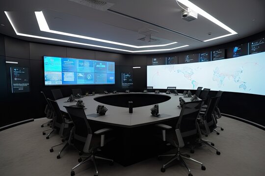 Virtual Conference Room With Large Screen And Presenter Controls, Ready For A Presentation, Created With Generative Ai