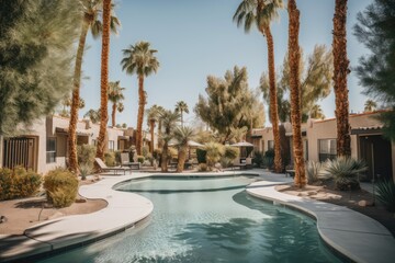 Fototapeta premium oasis with palm trees and shaded pool, surrounded by desert landscape, created with generative ai