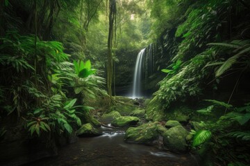 majestic waterfall cascading into lush jungle, created with generative ai