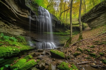 majestic waterfall cascading over rocky cliff face in the forest, created with generative ai