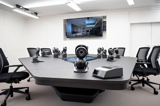 high-tech video conference system with multiple cameras and microphones for group videoconferencing, created with generative ai
