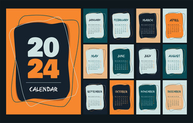 Calendar 2024 template, orange, green, peach, white and black desk calendar design. Week start On Monday, planner, stationery, wall calendar. Vector illustration